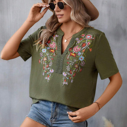 Embroidered Notched Short Sleeve T-Shirt