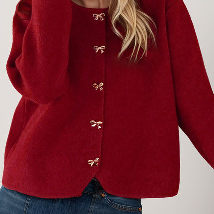 Bow Button Down Round Neck Long Sleeve Cardigan