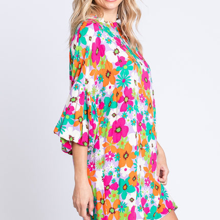 GeeGee Full Size Floral Round Neck Lantern Sleeve Mini Dress