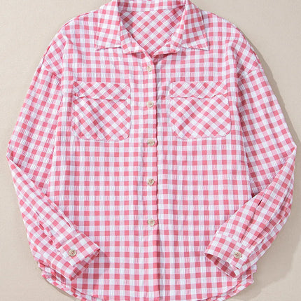 Pocketed Plaid Collared Neck Long Sleeve Shirt