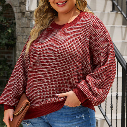 Plus Size Waffle-Knit Round Neck Dropped Shoulder Sweater