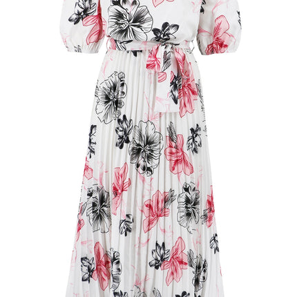 Pleated Floral Off-Shoulder Short Sleeve Midi Dress