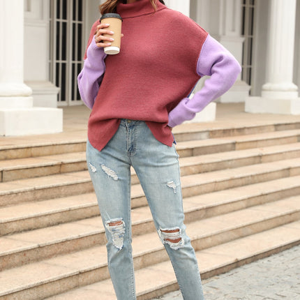 Double Take Color Block Turtleneck Slit Sweater