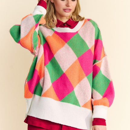 Davi & Dani Exposed Seam Color Block Dropped Shoulder Sweater