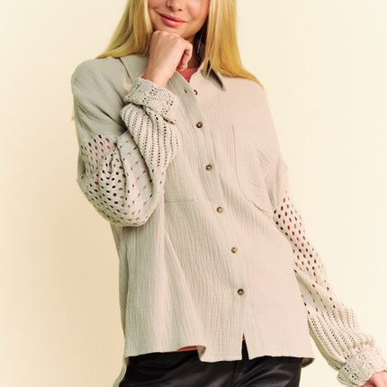 Davi & Dani Crochet Sleeve Crinkled Texture Shirt