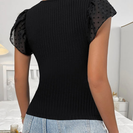 Swiss Dot Round Neck Cap Sleeve Top