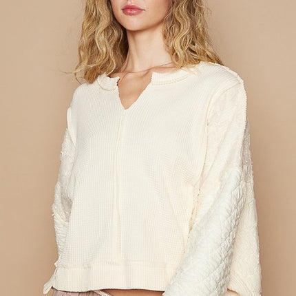 POL Waffle-Knit Notched Long Sleeve Knit Top