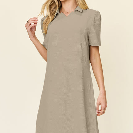 Double Take Full Size Texture Collared Neck Short Sleeve Dress