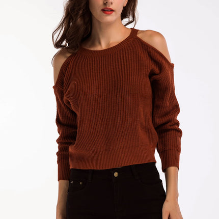 Double Take Round Neck Cold-Shoulder Ribbed Sweater