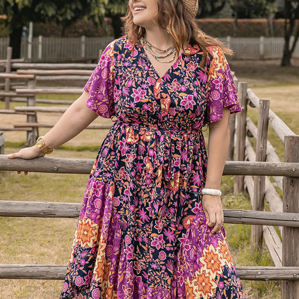 Plus Size Printed V-Neck Flutter Sleeve Midi Dress