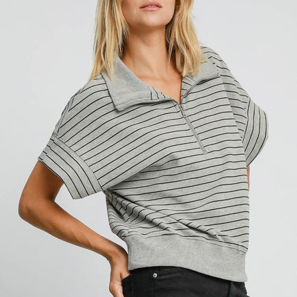 Umgee Striped Half Zip Short Sleeve Sweatshirt