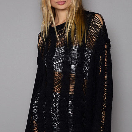 POL Distressed Round Neck Long Sleeve Knit Cover Up