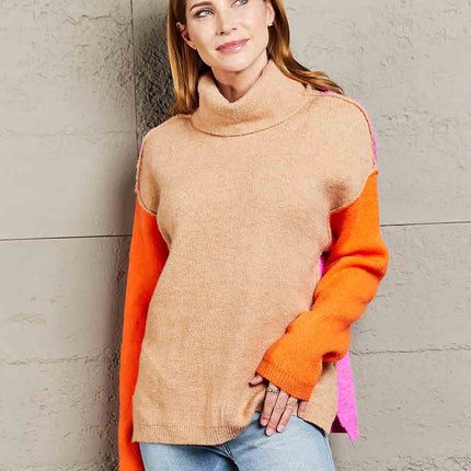 Double Take Color Block Turtleneck Slit Sweater