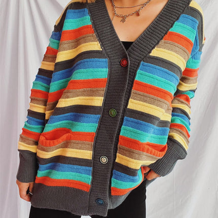 Contrast Stripes Button Up Long Sleeve Cardigan