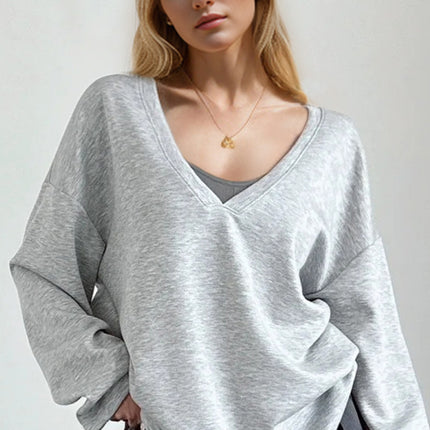 Basic Bae V-Neck Dropped Shoulder Long Sleeve Sweatshirt with Bra