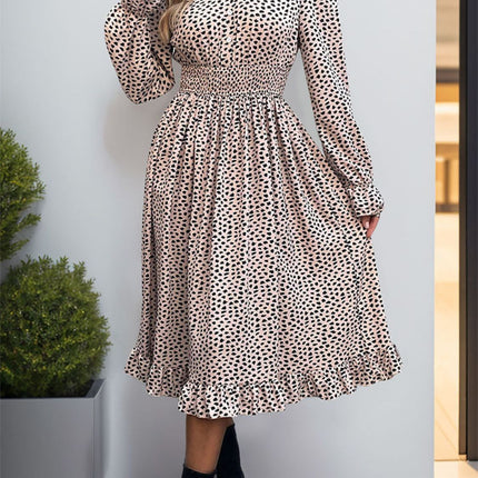 Ruched Ruffled Leopard Long Sleeve Dress