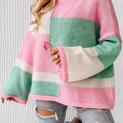 Color Block Round Neck Drop Shoulder Sweater