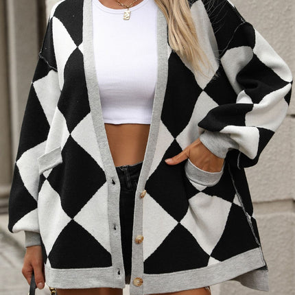 Checkered Dropped Shoulder Long Sleeve Cardigan