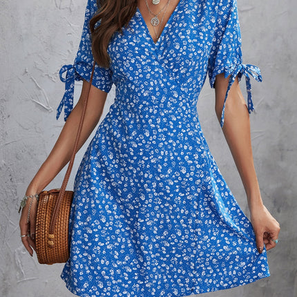 Honey Printed Surplice Short Sleeve Mini Dress