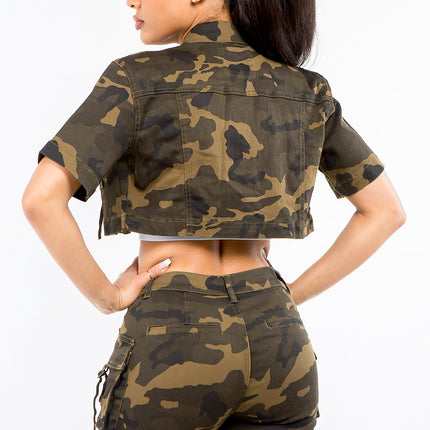 American Bazi Full Size Camouflage Short Sleeve Cropped Jacket