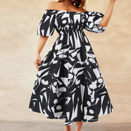 Printed Off-Shoulder Balloon Sleeve Dress