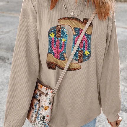 Full Size Sequin Boots Round Neck Long Sleeve Sweatshirt