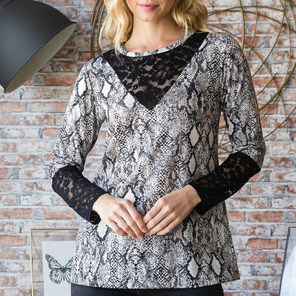 Heimish Full Size Snakeskin Print Round Neck Lace Contrast Top