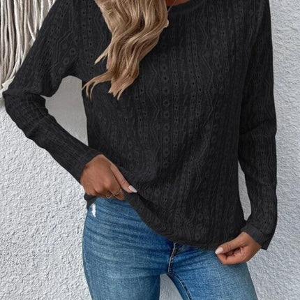 Eyelet Round Neck Long Sleeve Blouse