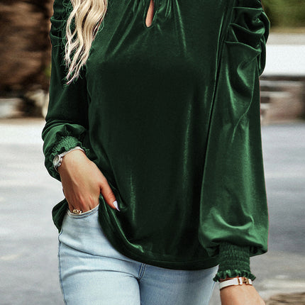 Tie Up Mock Neck Velvet Fabric Long Sleeve Blouse