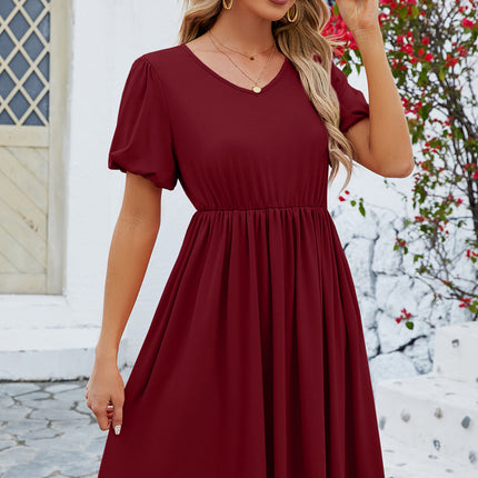 V-Neck Balloon Short Sleeve Dress