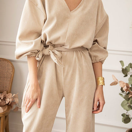 V-Neck Balloon Sleeve Wide Leg Jumpsuit