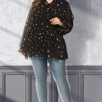 Plus Size Star Print Tie-Neck Peplum Blouse