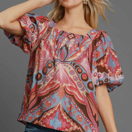 Umgee Full Size Abstract Print Smocked Square Neck Puff Sleeve Blouse