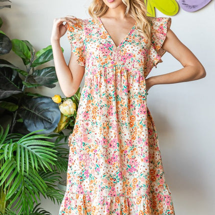 Heimish Full Size Floral Ruffled V-Neck Dress
