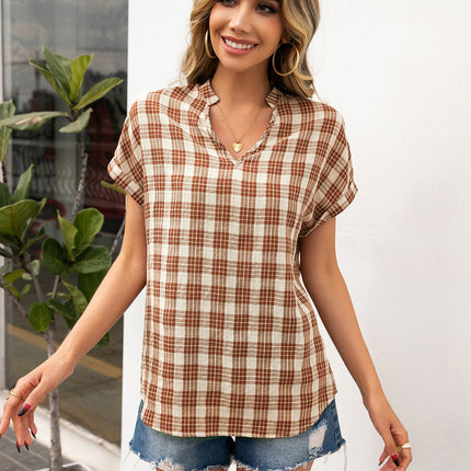 Plaid Notched Short Sleeve Blouse