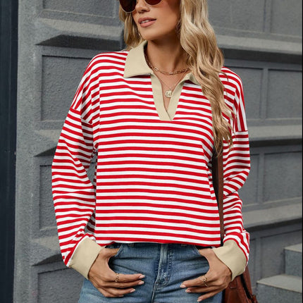 Striped Johnny Collar Long Sleeve Sweatshirt