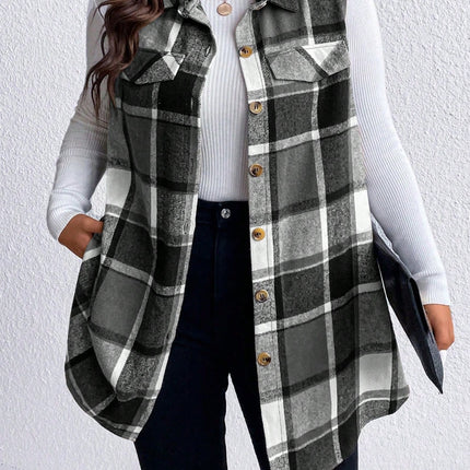 Honey Plus Size Pocketed Plaid Button Up Vest Coat - Vickie Lynn's