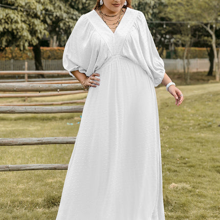 Plus Size Swiss Dot V-Neck Three-Quarter Sleeve Dress