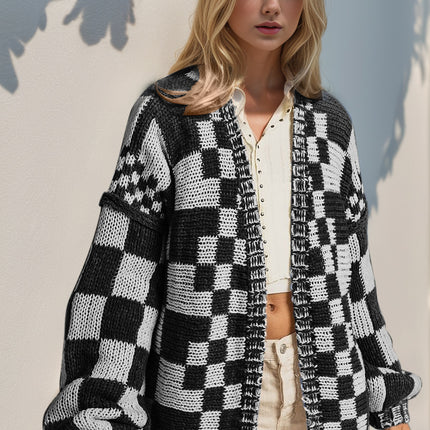 Double Take Full Size Open Front Checkered Drop Shoulder Cardigan - Vickie Lynn's