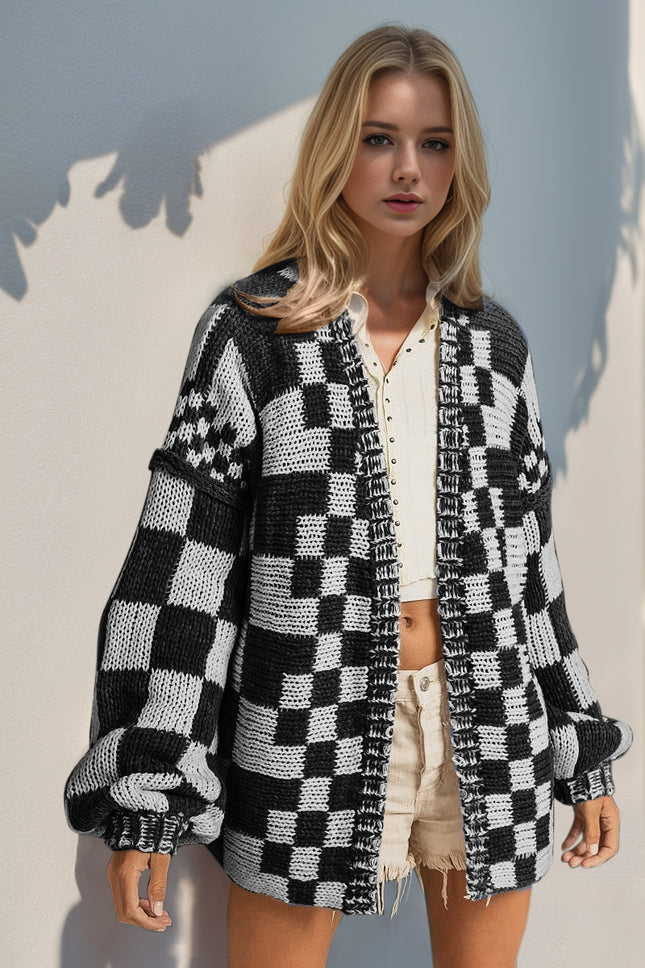 Double Take Full Size Open Front Checkered Drop Shoulder Cardigan - Vickie Lynn's