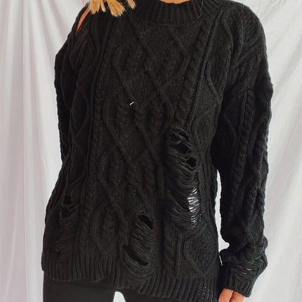 Distressed Cable-Knit Round Neck Long Sleeve Sweater