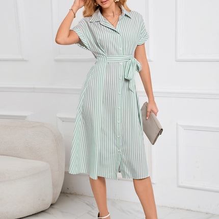 Striped Short Sleeve Tie Waist Midi Dress