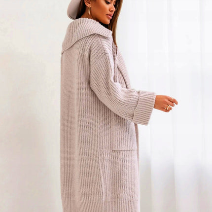 Pocketed Collared Neck Dropped Shoulder Cardigan