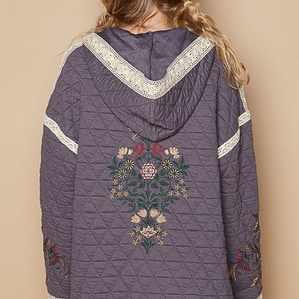 POL Embroidered Open Front Quilted Jacket with Crochet Pockets