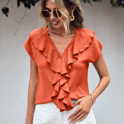 Ruffled V-Neck Short Sleeve Blouse