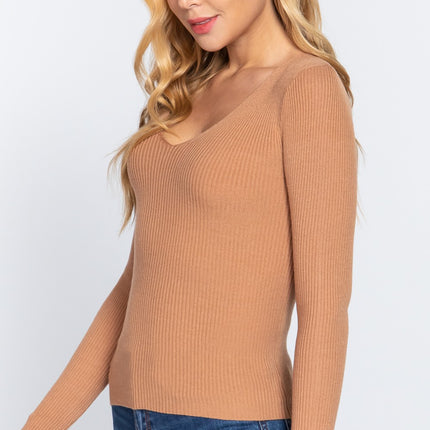 ACTIVE BASIC V-Neck Fitted Viscose Rib Knit Top