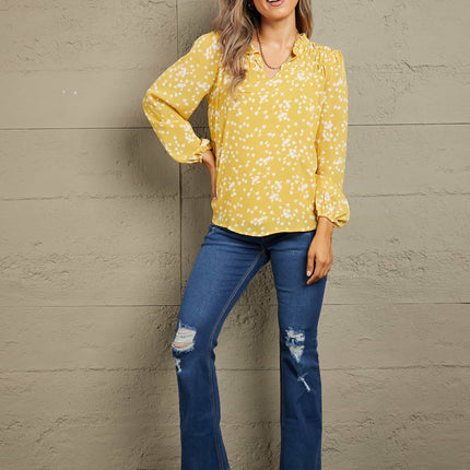 Double Take Printed Notched Neck Smocked Blouse