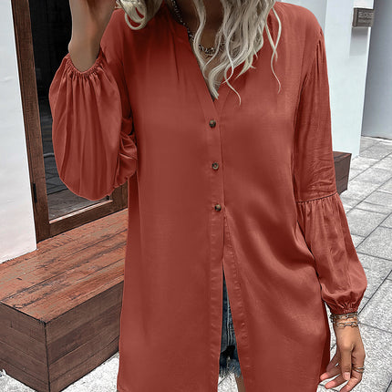 Double Take Notched Neck Balloon Sleeve Shirt