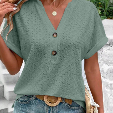 Eyelet Notched Short Sleeve Blouse