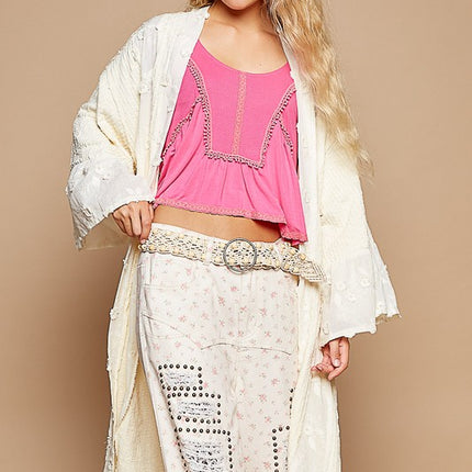 POL Flower Lace Trim Open Front Longline Cardigan